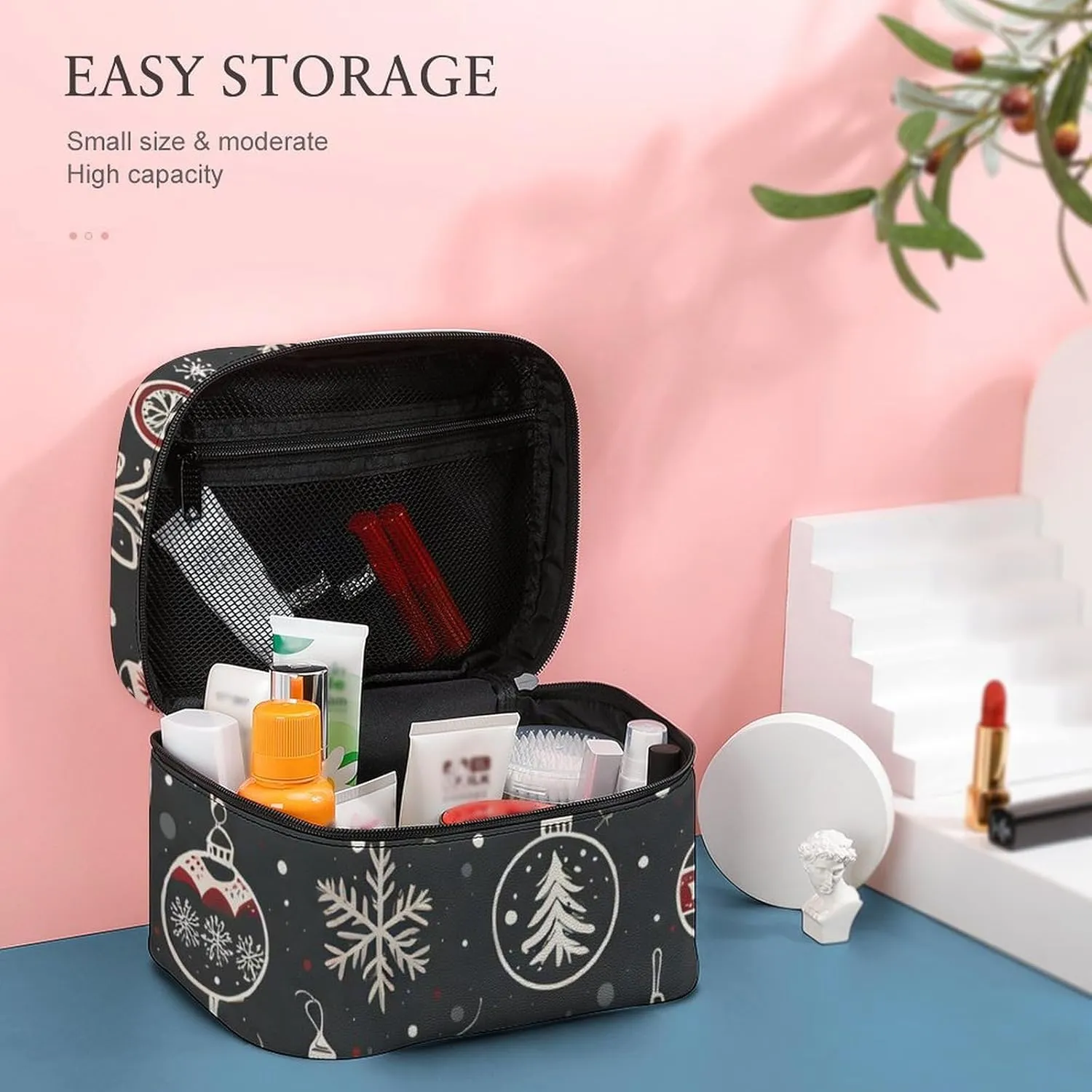 Christmas Decorations, Lights, Background Portable Cosmetic Bag,Large Capacity Travel Makeup Case Organizer, Women Toiletry Bag for Girls Traveling with Compartments 25x18x15cm