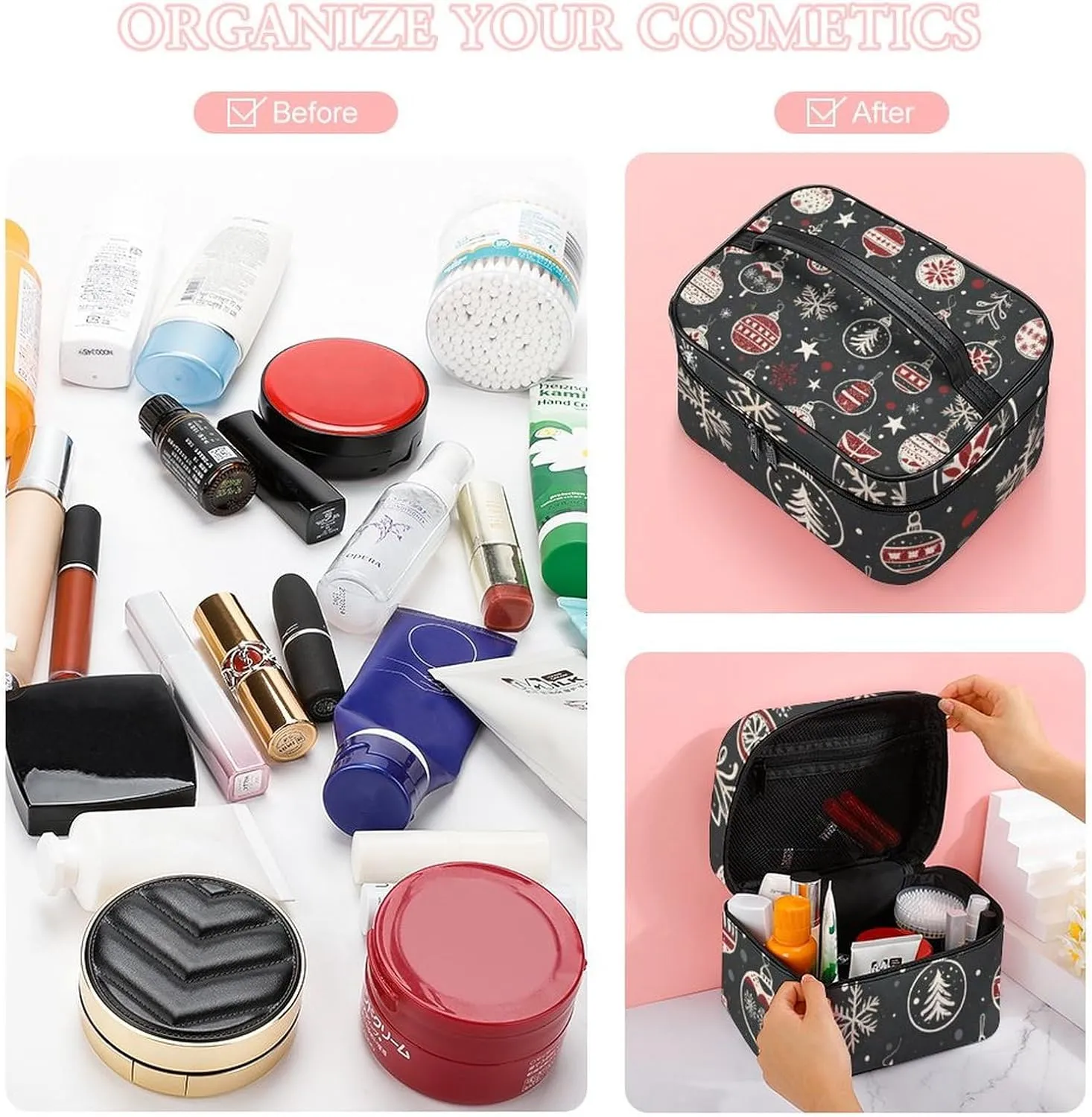 Christmas Decorations, Lights, Background Portable Cosmetic Bag,Large Capacity Travel Makeup Case Organizer, Women Toiletry Bag for Girls Traveling with Compartments 25x18x15cm