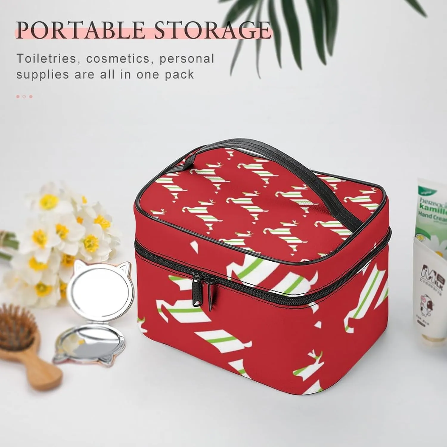 Christmas, Elk, Streamers, Red Portable Cosmetic Bag,Large Capacity Travel Makeup Case Organizer, Women Toiletry Bag for Girls Traveling with Compartments 25x18x15cm