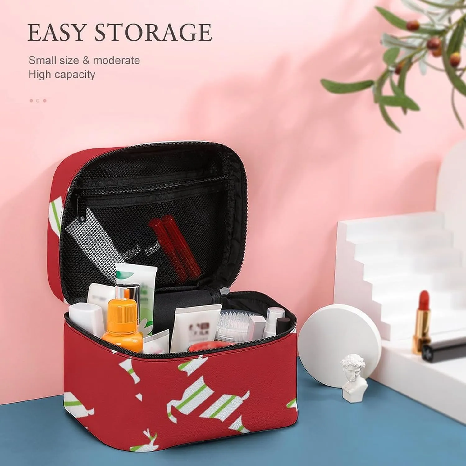 Christmas, Elk, Streamers, Red Portable Cosmetic Bag,Large Capacity Travel Makeup Case Organizer, Women Toiletry Bag for Girls Traveling with Compartments 25x18x15cm