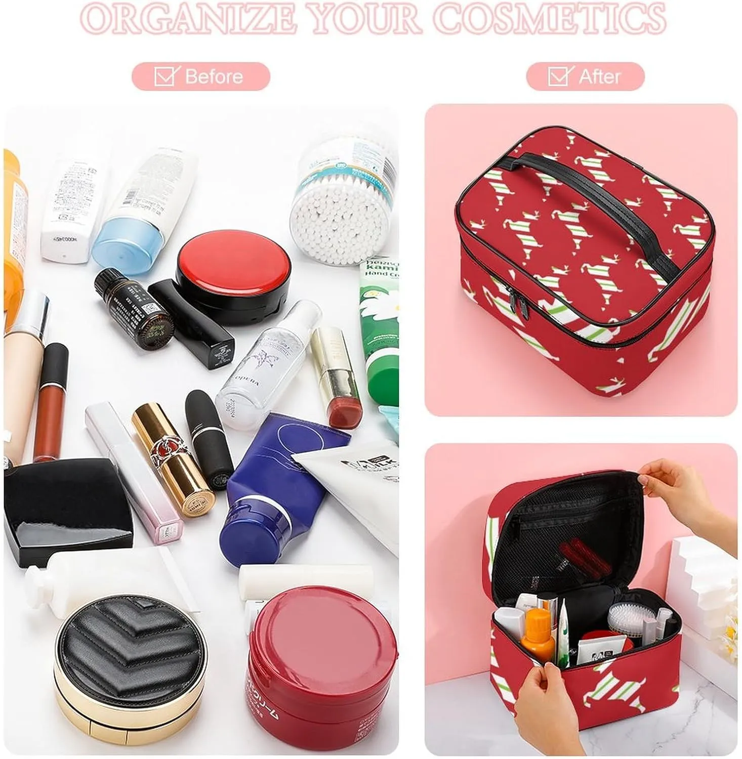 Christmas, Elk, Streamers, Red Portable Cosmetic Bag,Large Capacity Travel Makeup Case Organizer, Women Toiletry Bag for Girls Traveling with Compartments 25x18x15cm