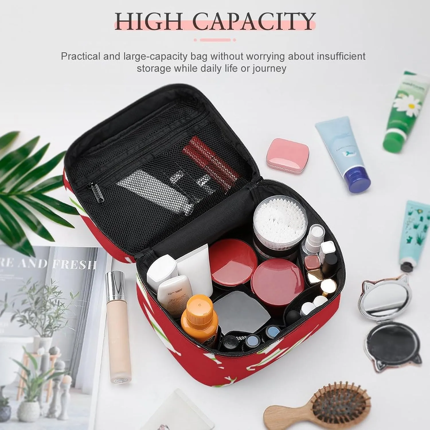 Christmas, Elk, Streamers, Red Portable Cosmetic Bag,Large Capacity Travel Makeup Case Organizer, Women Toiletry Bag for Girls Traveling with Compartments 25x18x15cm