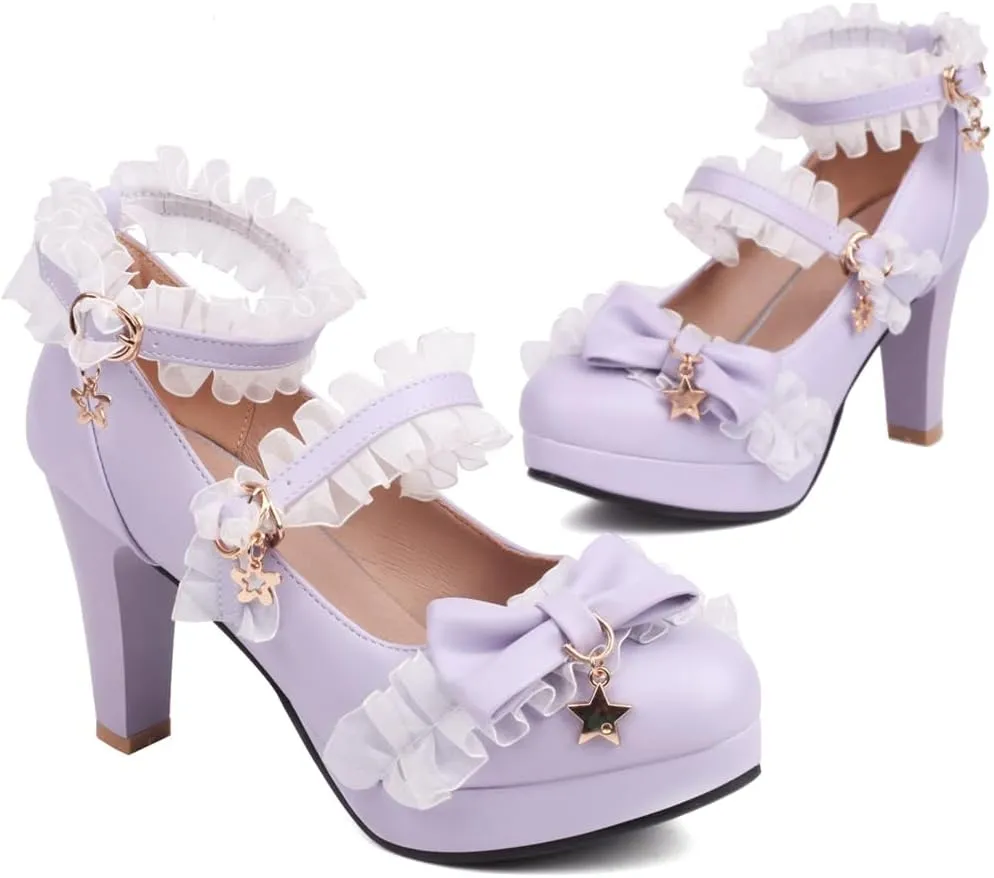 Chunky High Heels Mary Jane Pumps for Women Round Toe Platform Sweet Bow Lolita Elegant Dressy Shoes