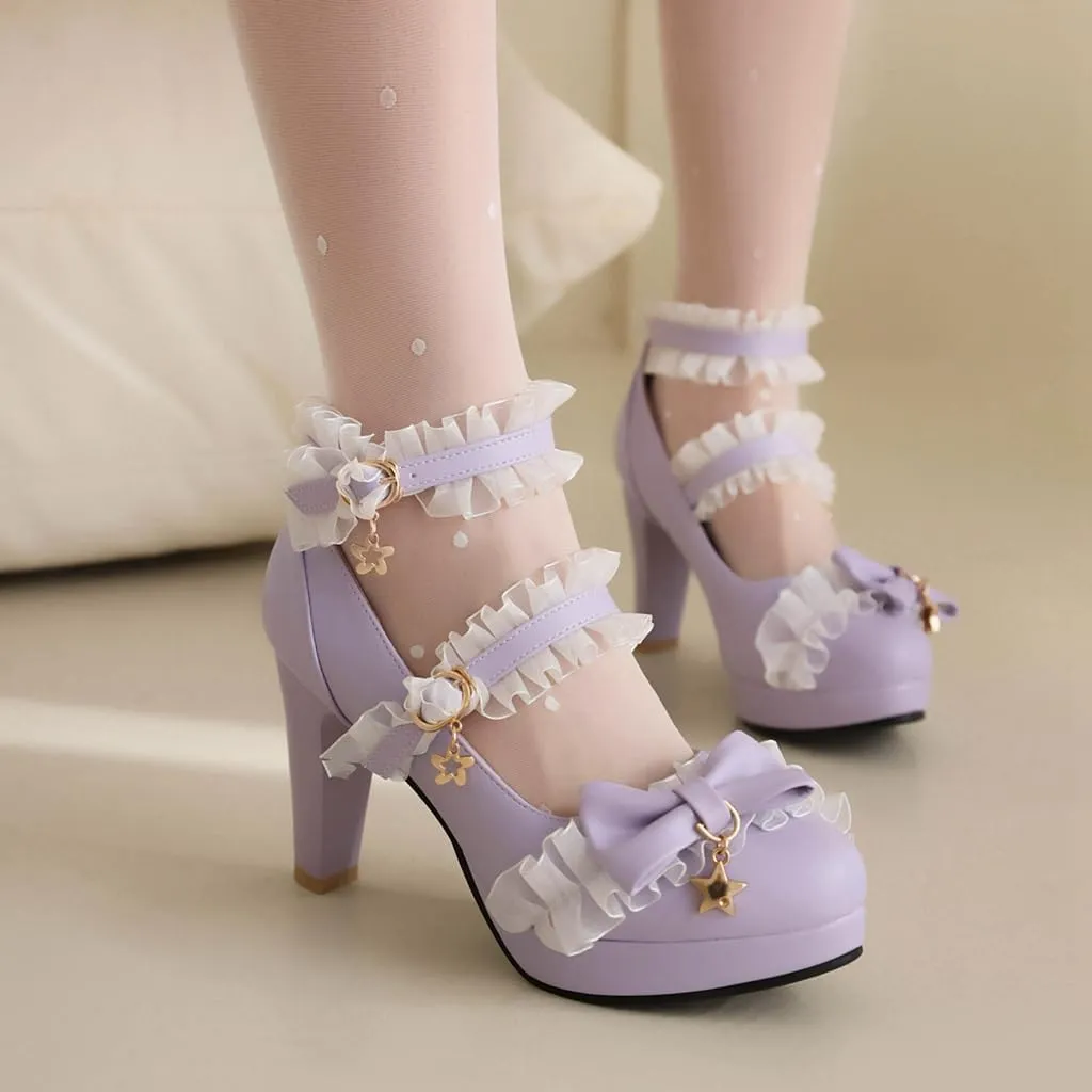 Chunky High Heels Mary Jane Pumps for Women Round Toe Platform Sweet Bow Lolita Elegant Dressy Shoes