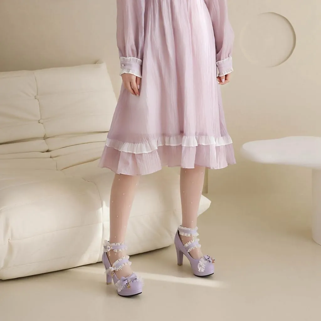 Chunky High Heels Mary Jane Pumps for Women Round Toe Platform Sweet Bow Lolita Elegant Dressy Shoes
