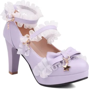 Chunky High Heels Mary Jane Pumps for Women Round Toe Platform Sweet Bow Lolita Elegant Dressy Shoes