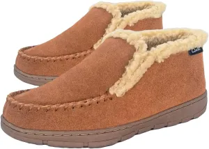 Clarks Mens Suede Leather Sherpa Lined Ankle Bootie Slipper JMH1952 - Removable Padded Insole - Indoor Outdoor House Slippers For Men, Cognac, 9 UK