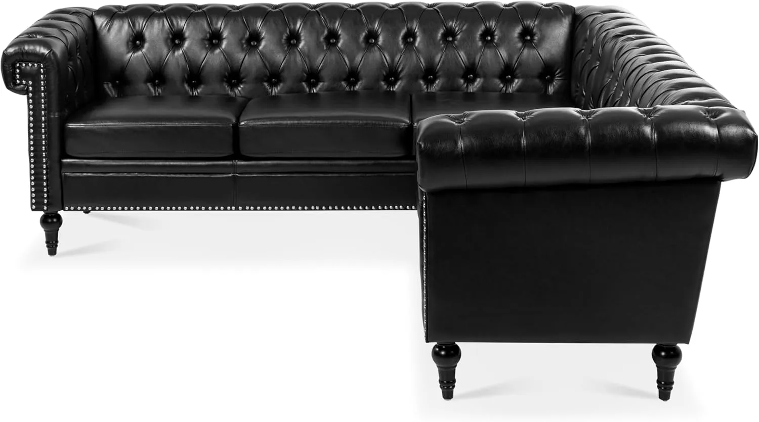 Clasic Chesterfield 5 Seater Corner Sofa&Couch Luxury Roller Armrest L-Shaped Symmetrical Sectional Sofa Couch Faux Leather Tufted Indoor Upholstered Sofá W/ Wood Legs and Nailhead for Living Room