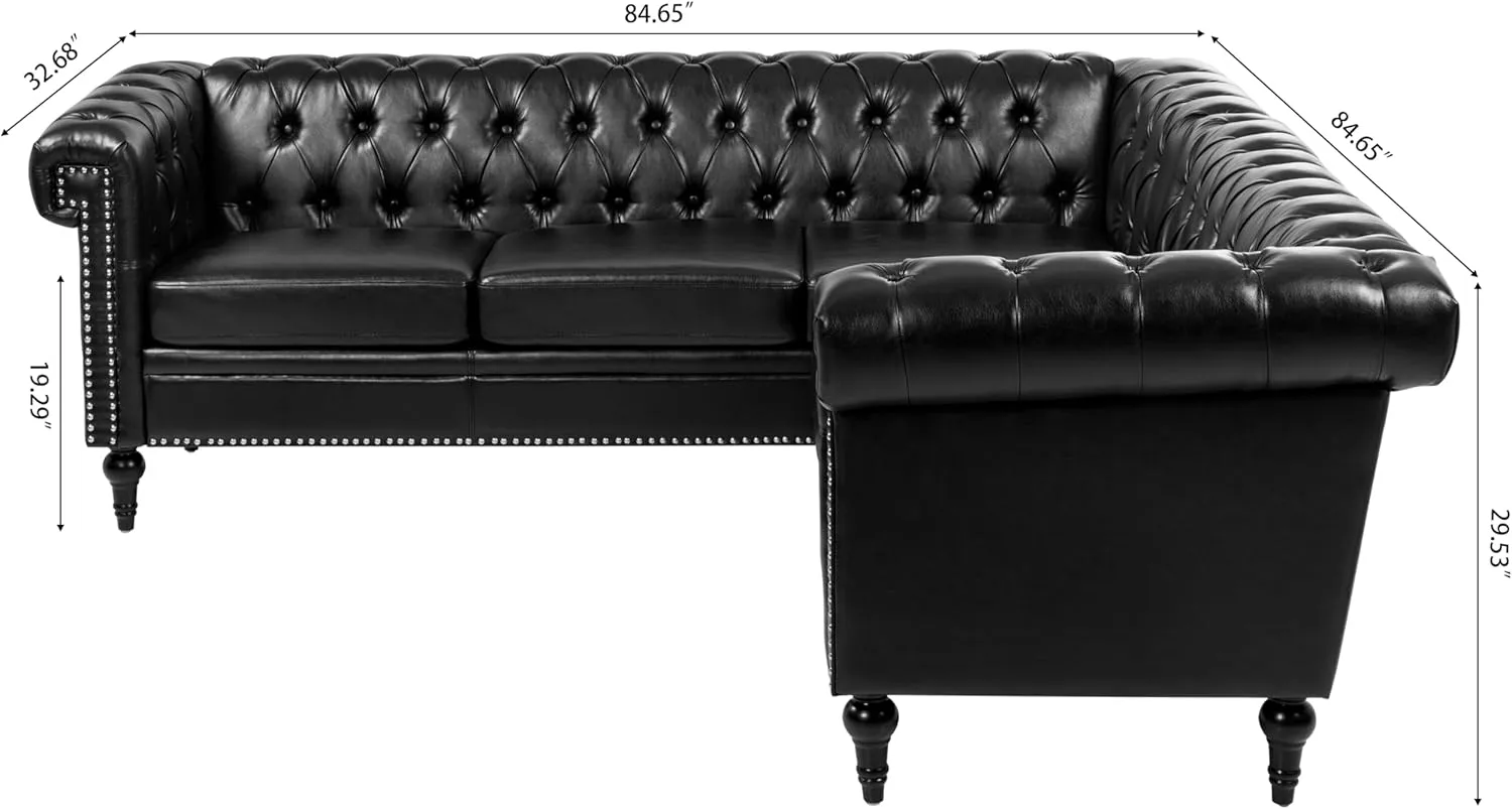 Clasic Chesterfield 5 Seater Corner Sofa&Couch Luxury Roller Armrest L-Shaped Symmetrical Sectional Sofa Couch Faux Leather Tufted Indoor Upholstered Sofá W/ Wood Legs and Nailhead for Living Room