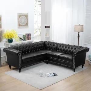 Clasic Chesterfield 5 Seater Corner Sofa&Couch Luxury Roller Armrest L-Shaped Symmetrical Sectional Sofa Couch Faux Leather Tufted Indoor Upholstered Sofá W/ Wood Legs and Nailhead for Living Room