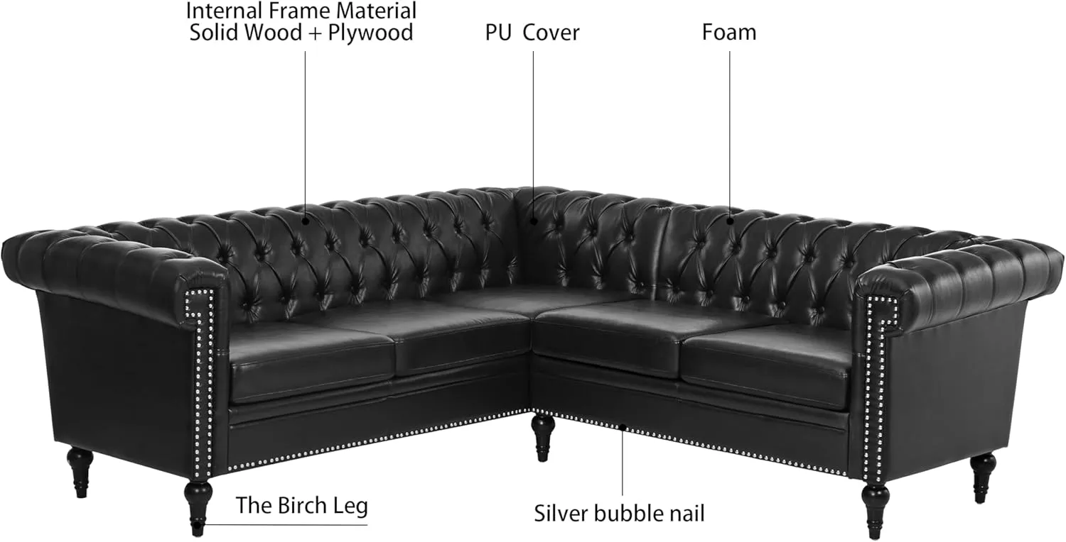 Clasic Chesterfield 5 Seater Corner Sofa&Couch Luxury Roller Armrest L-Shaped Symmetrical Sectional Sofa Couch Faux Leather Tufted Indoor Upholstered Sofá W/ Wood Legs and Nailhead for Living Room