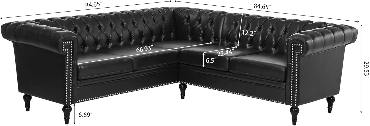 Clasic Chesterfield 5 Seater Corner Sofa&Couch Luxury Roller Armrest L-Shaped Symmetrical Sectional Sofa Couch Faux Leather Tufted Indoor Upholstered Sofá W/ Wood Legs and Nailhead for Living Room