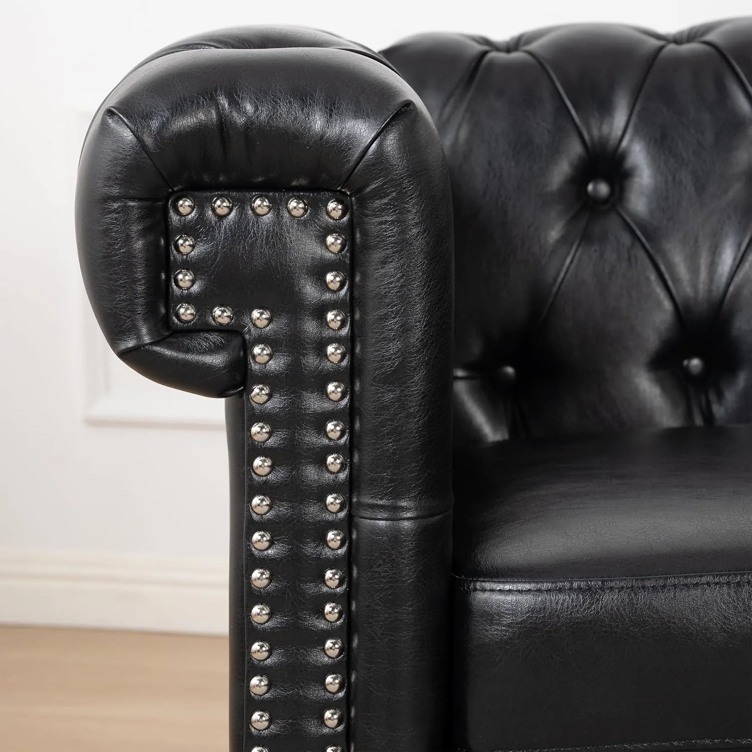 Clasic Chesterfield 5 Seater Corner Sofa&Couch Luxury Roller Armrest L-Shaped Symmetrical Sectional Sofa Couch Faux Leather Tufted Indoor Upholstered Sofá W/ Wood Legs and Nailhead for Living Room
