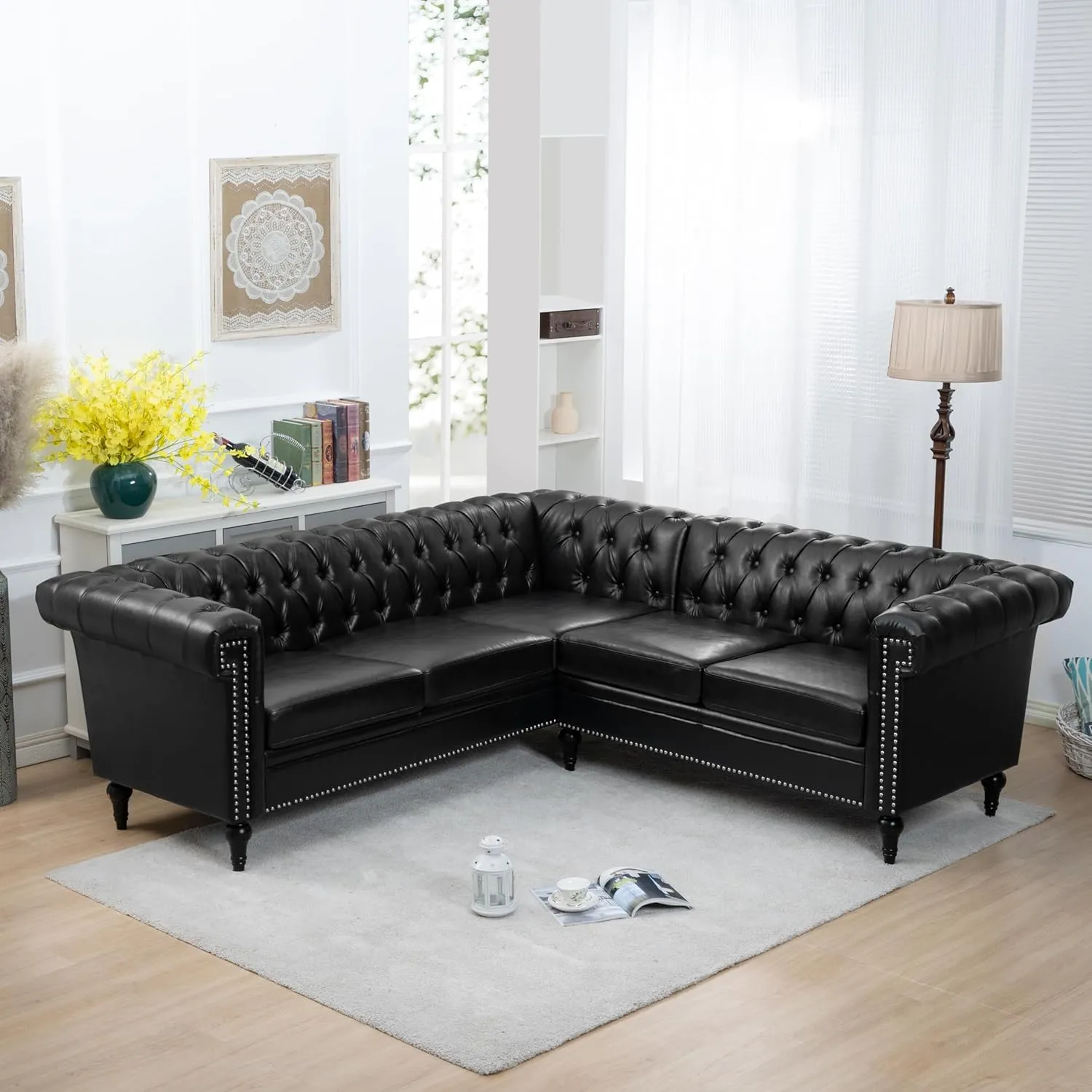 Clasic Chesterfield 5 Seater Corner Sofa&Couch Luxury Roller Armrest L-Shaped Symmetrical Sectional Sofa Couch Faux Leather Tufted Indoor Upholstered Sofá W/ Wood Legs and Nailhead for Living Room