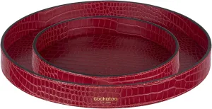 Cockatoo Faux Leather Round Tray, Decorative Coffee Tray for Ottoman, Living Room & Modern Home Decor (Set of 2, Karanda Red)