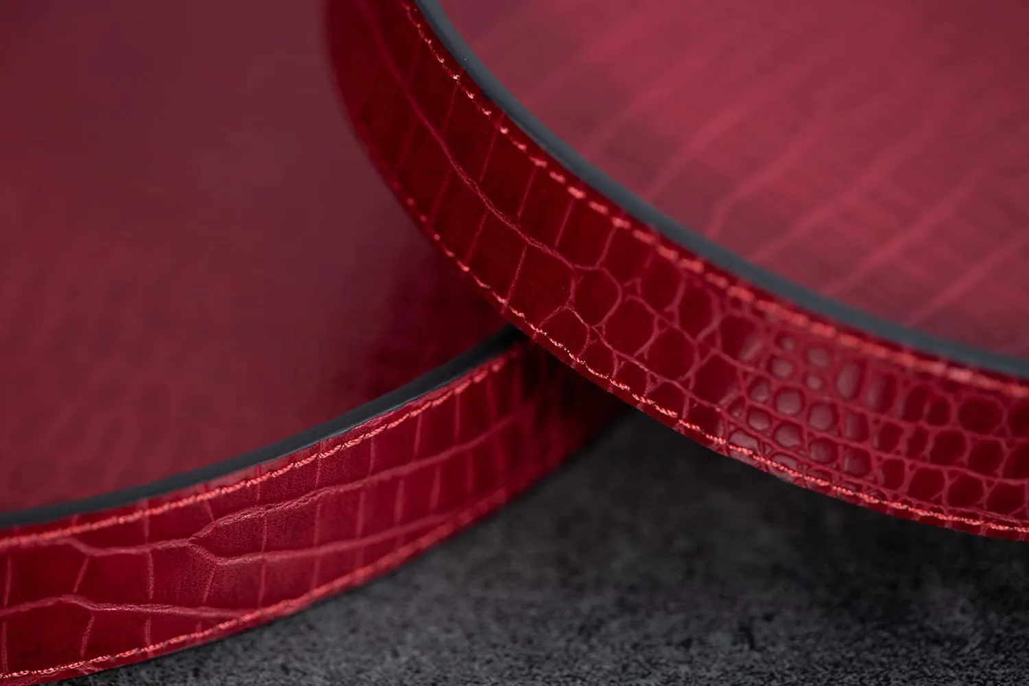 Cockatoo Faux Leather Round Tray, Decorative Coffee Tray for Ottoman, Living Room & Modern Home Decor (Set of 2, Karanda Red)