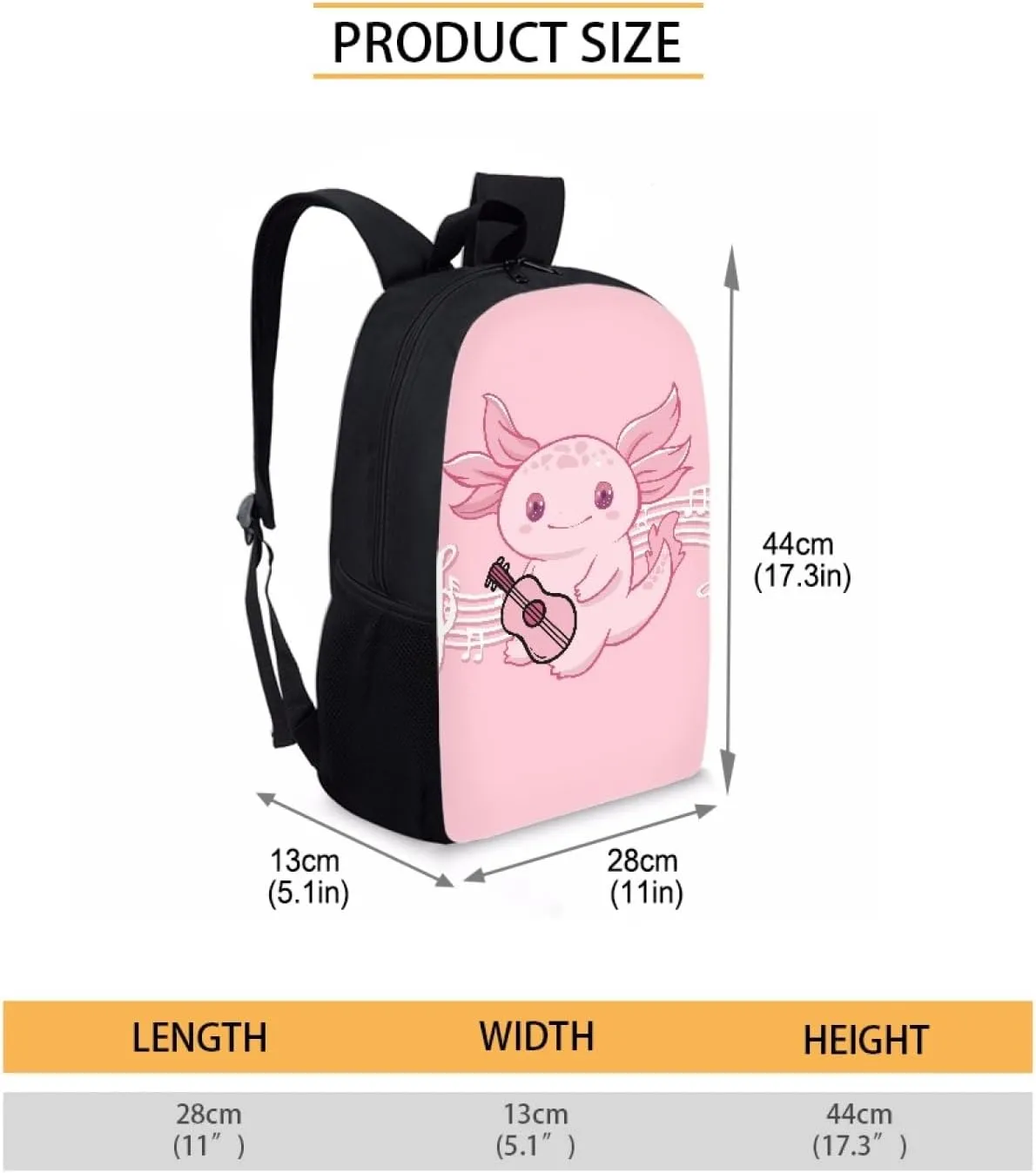 Coloranimal Cute Axolotl Salamander Pink School Bag for Middle Elementary School Students School Backpack with Adjustable Shoulder Straps Large Capacity&Smooth Zipper School Bags