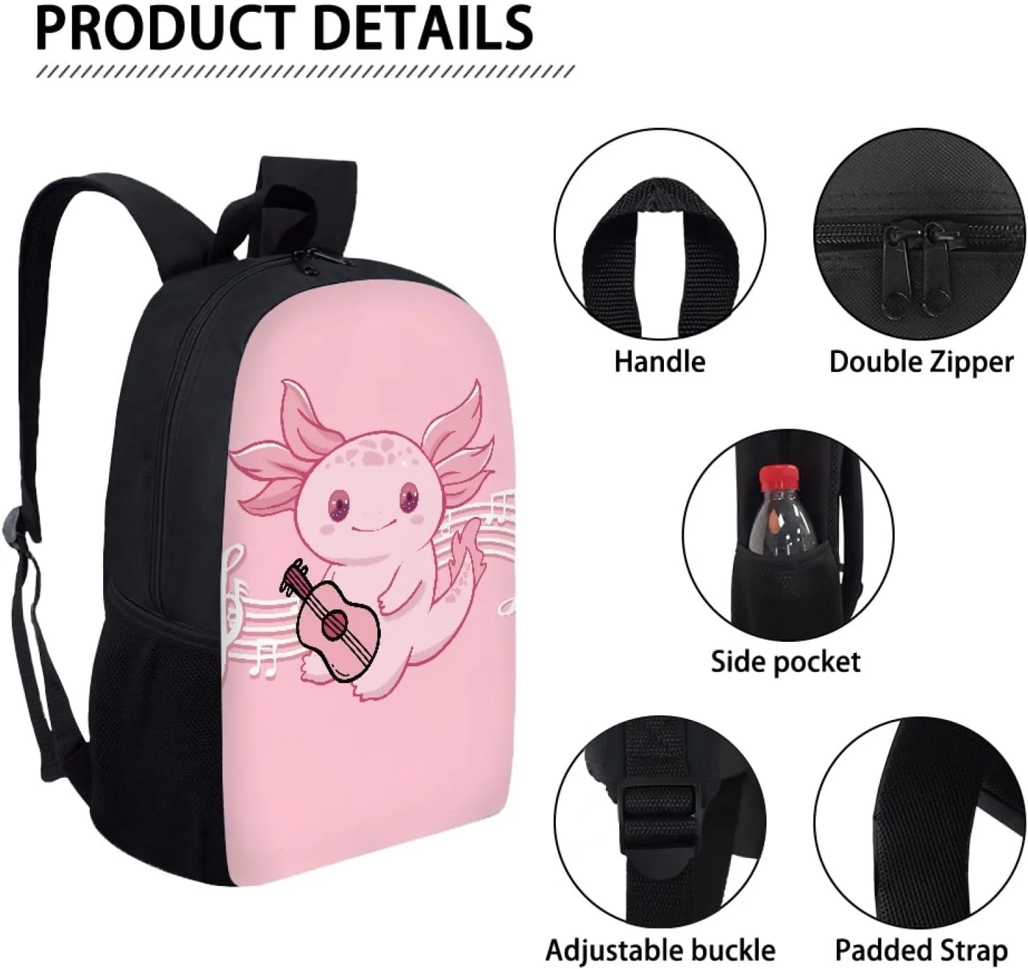 Coloranimal Cute Axolotl Salamander Pink School Bag for Middle Elementary School Students School Backpack with Adjustable Shoulder Straps Large Capacity&Smooth Zipper School Bags