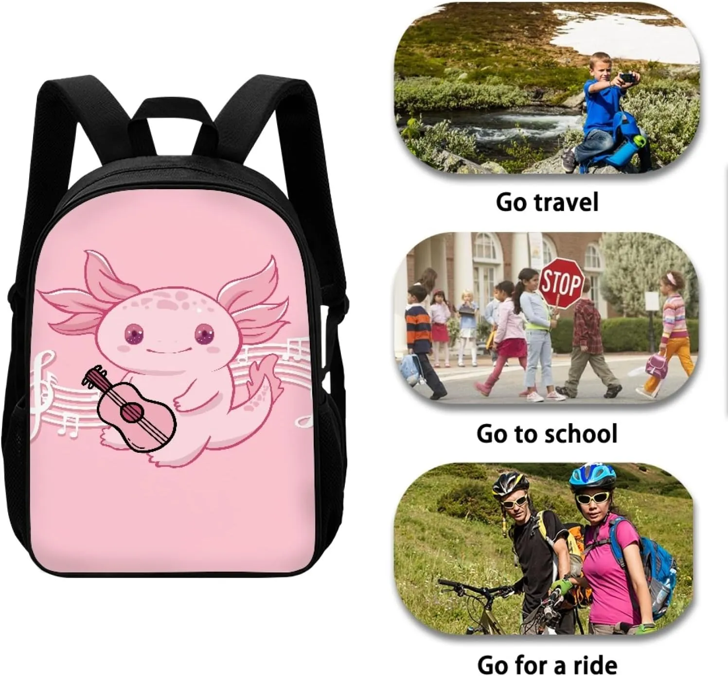 Coloranimal Cute Axolotl Salamander Pink School Bag for Middle Elementary School Students School Backpack with Adjustable Shoulder Straps Large Capacity&Smooth Zipper School Bags