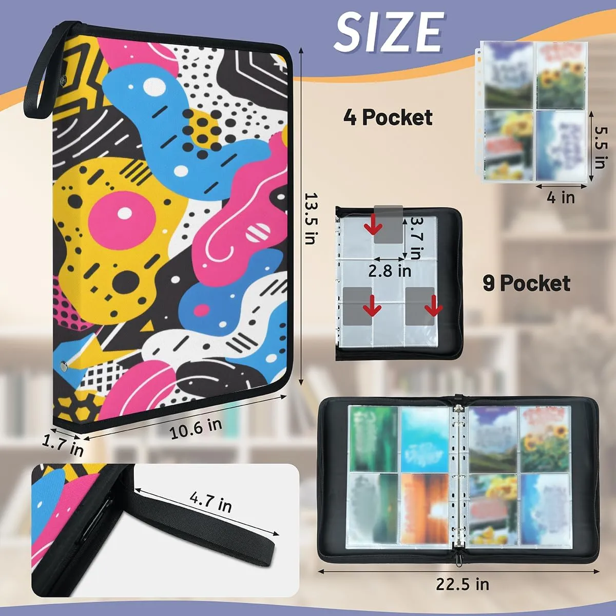 Colorful Abstract Shapes 4 Pocket Card Binder, Card Album Trading Card Binders Capacity for 400 Cards, Waterproof Anti-Scratch Card Holder for Collectible Cards, Game Card, Sports Trading Cards