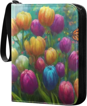 Colorful Flowers Card Binder 4-Pockets, 400 Pockets Card Holder with 50 Removable Sleeves, Trading Card Collector Zipper Album Holder, Collector Album