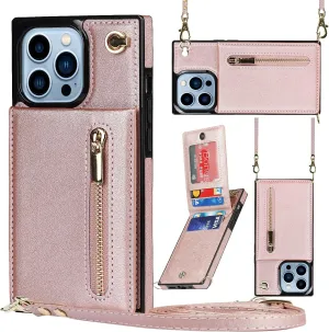 Compatible for iPhone 14 Pro Case 6.1 Inch, Shockproof Protective Zipper Pocket Purse Handbag Shoulder Strap Stylish Protective Cover for iPhone 14 Pro (Rose Gold)