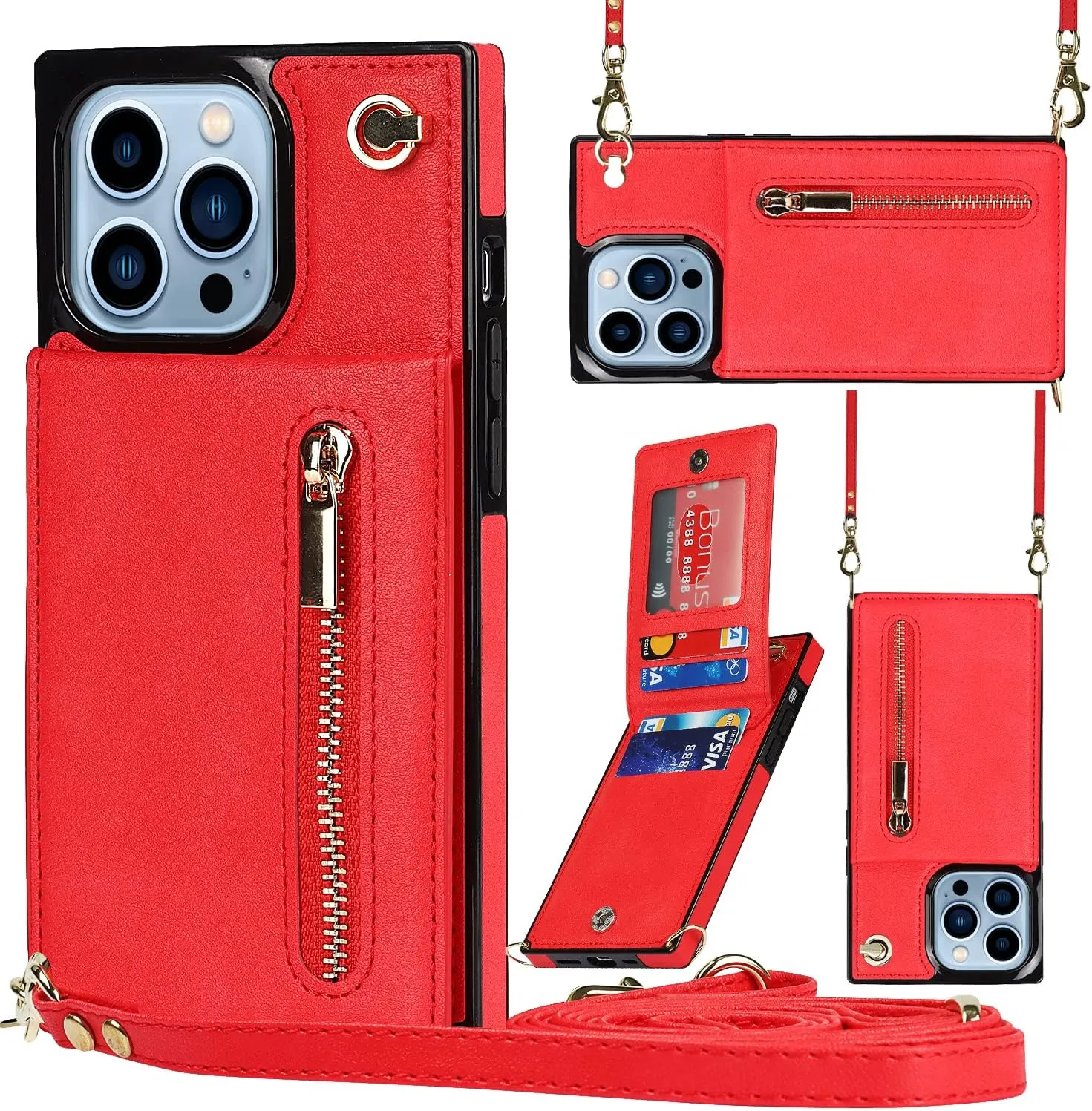 Compatible for iPhone 14 Pro Max Case 6.7 Inch, Shockproof Protective Zipper Pocket Purse Handbag Shoulder Strap Stylish Protective Cover for iPhone 14 Pro Max (Romantic Red)