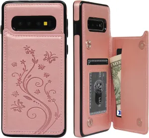 Compatible with Galaxy S10 Case Wallet, Case with Card Holder Embossed Butterfly Slim Folio Leather Cover Shockproof Kickstand with Credit Card Slot Protective Skin for Galaxy S10, Gold