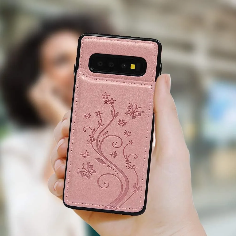Compatible with Galaxy S10 Case Wallet, Case with Card Holder Embossed Butterfly Slim Folio Leather Cover Shockproof Kickstand with Credit Card Slot Protective Skin for Galaxy S10, Gold