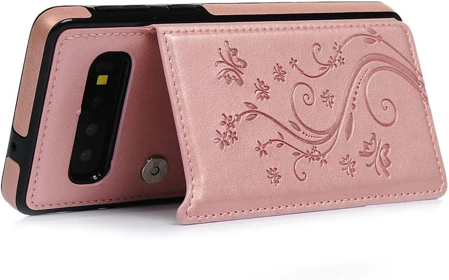 Compatible with Galaxy S10 Case Wallet, Case with Card Holder Embossed Butterfly Slim Folio Leather Cover Shockproof Kickstand with Credit Card Slot Protective Skin for Galaxy S10, Gold