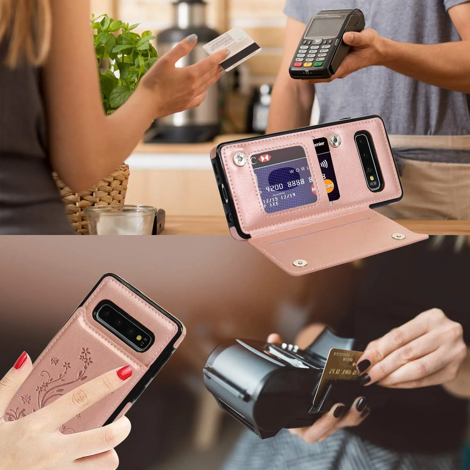 Compatible with Galaxy S10 Case Wallet, Case with Card Holder Embossed Butterfly Slim Folio Leather Cover Shockproof Kickstand with Credit Card Slot Protective Skin for Galaxy S10, Gold