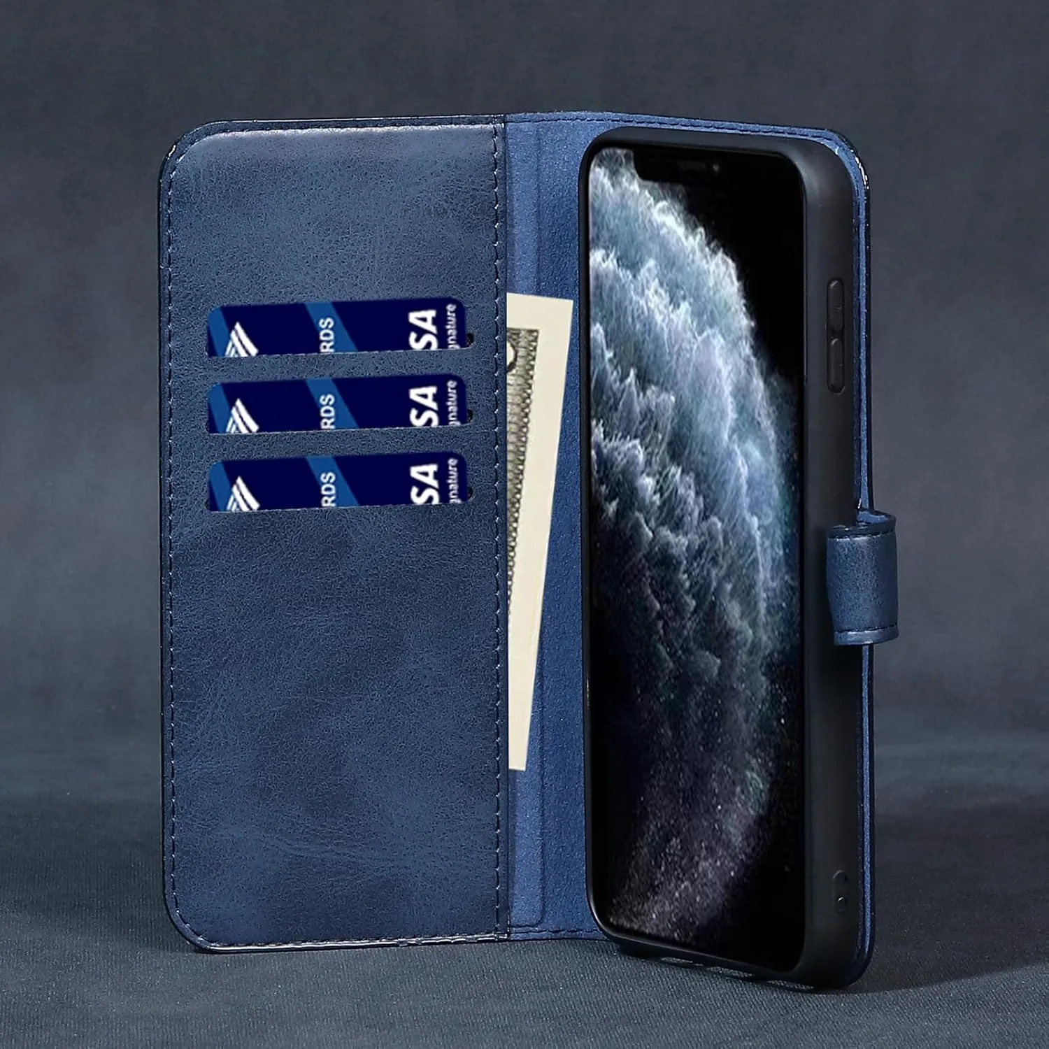 Compatible with iPhone 14 Pro Max Wallet Case with Card Holder, Genuine Leather Flip Folio Cover with Adjustable Kickstand,Magnetic Closure,Shockproof&Anti-Fingerprint, Blue