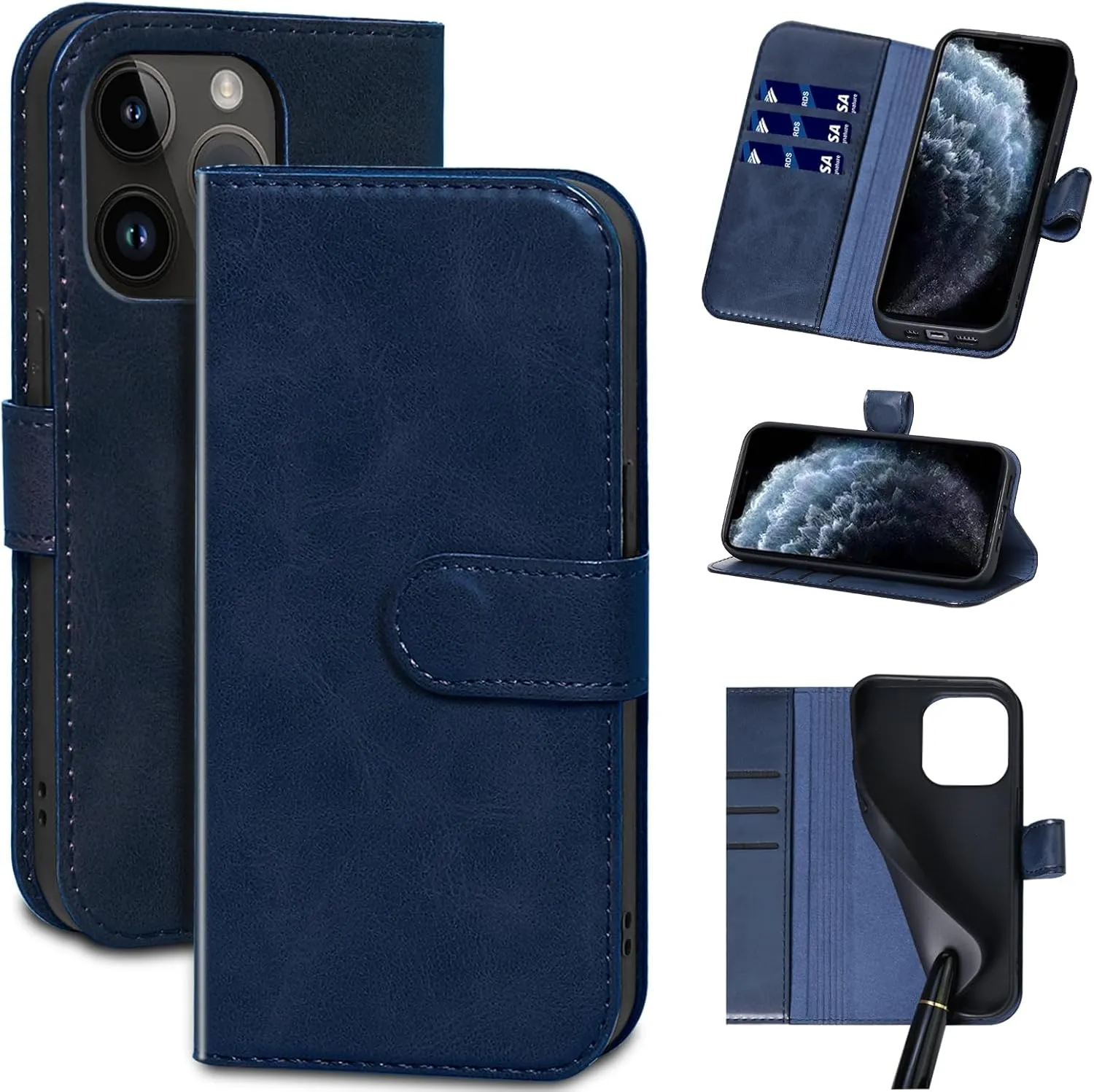 Compatible with iPhone 14 Pro Max Wallet Case with Card Holder, Genuine Leather Flip Folio Cover with Adjustable Kickstand,Magnetic Closure,Shockproof&Anti-Fingerprint, Blue