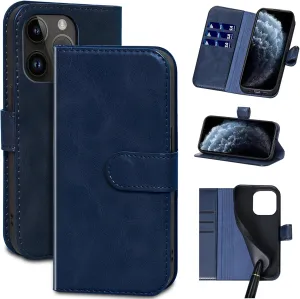 Compatible with iPhone 14 Pro Max Wallet Case with Card Holder, Genuine Leather Flip Folio Cover with Adjustable Kickstand,Magnetic Closure,Shockproof&Anti-Fingerprint, Blue