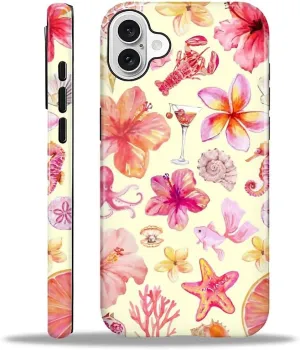 Compatible with iPhone 16 Case - Dual-Layer Protection, Hard Shell with Silicone Interior,Slim Scratch Resistant Shockproof for Woman Men - Pink Sea Creatures Flowers