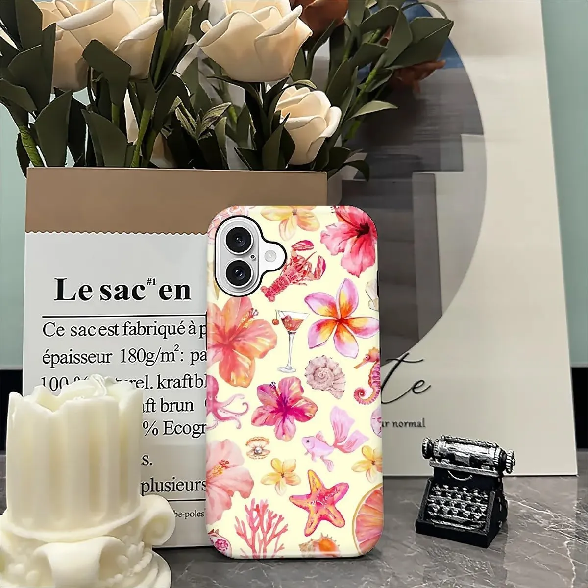 Compatible with iPhone 16 Case - Dual-Layer Protection, Hard Shell with Silicone Interior,Slim Scratch Resistant Shockproof for Woman Men - Pink Sea Creatures Flowers