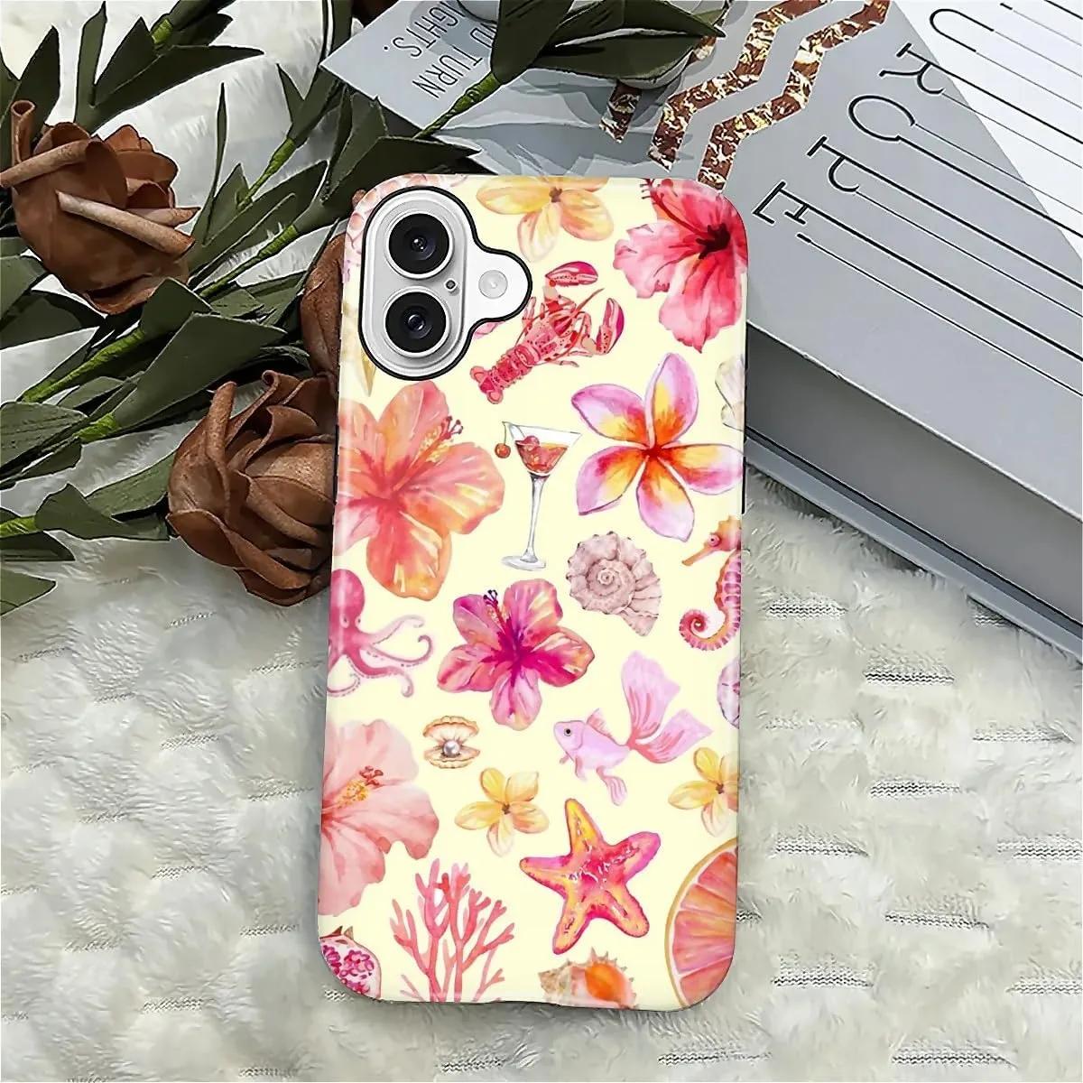 Compatible with iPhone 16 Case - Dual-Layer Protection, Hard Shell with Silicone Interior,Slim Scratch Resistant Shockproof for Woman Men - Pink Sea Creatures Flowers