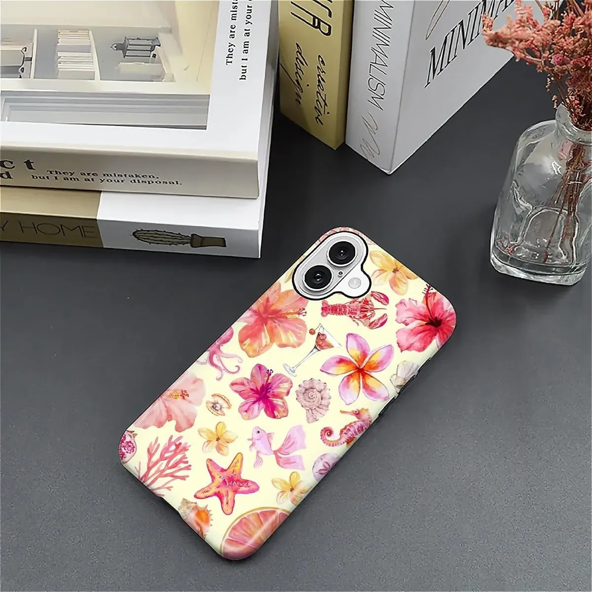 Compatible with iPhone 16 Case - Dual-Layer Protection, Hard Shell with Silicone Interior,Slim Scratch Resistant Shockproof for Woman Men - Pink Sea Creatures Flowers