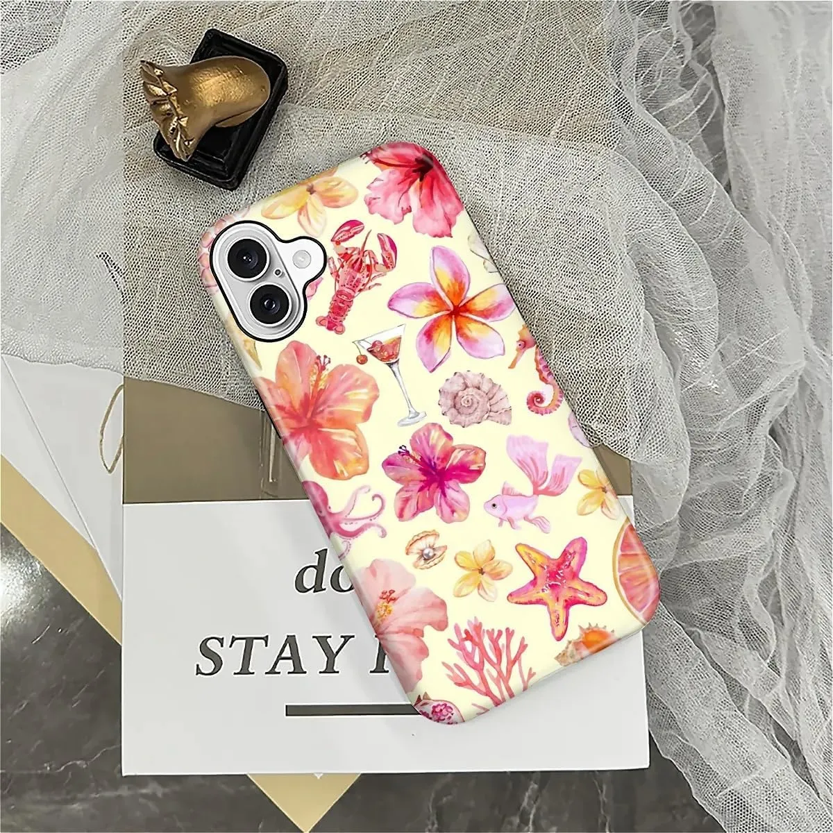 Compatible with iPhone 16 Case - Dual-Layer Protection, Hard Shell with Silicone Interior,Slim Scratch Resistant Shockproof for Woman Men - Pink Sea Creatures Flowers