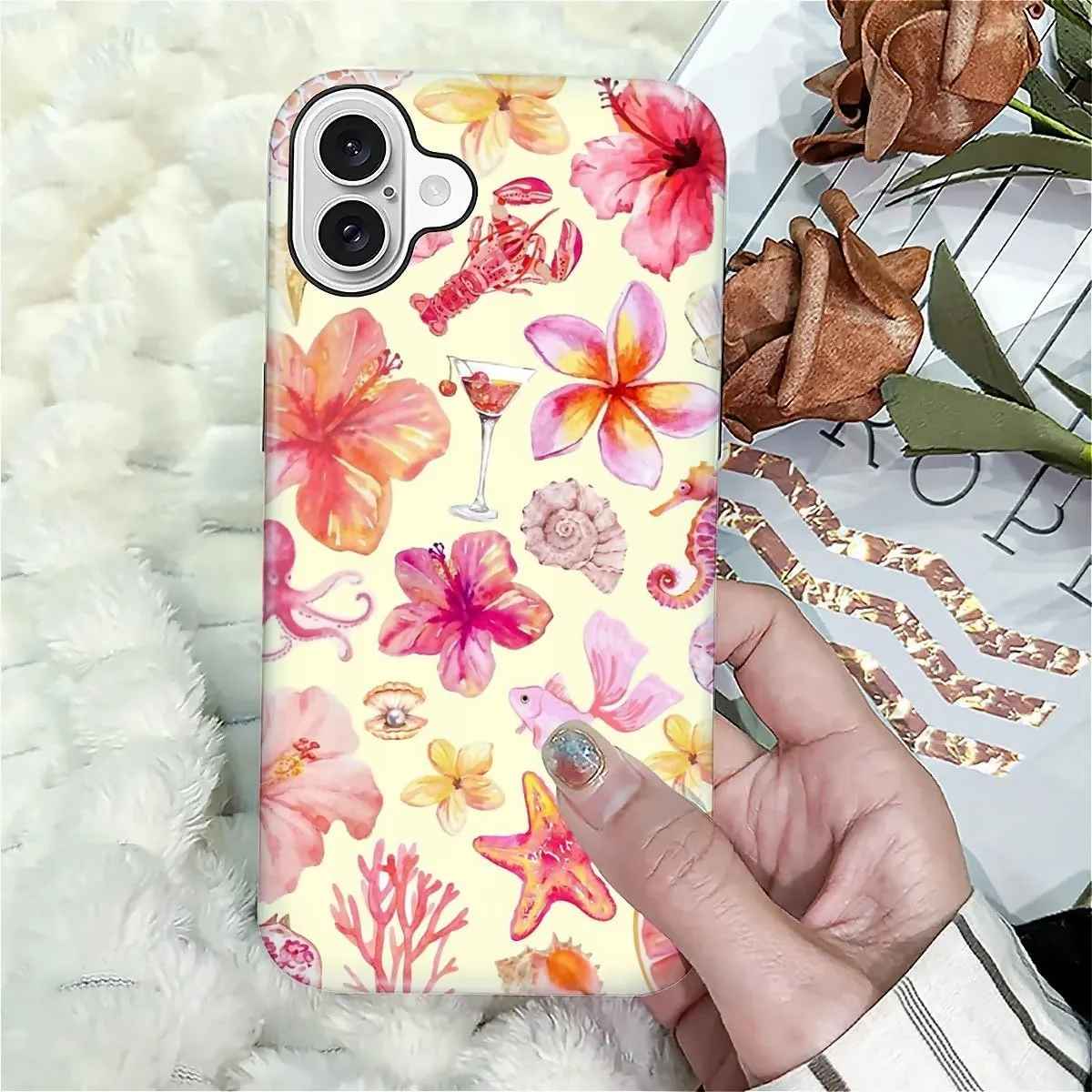 Compatible with iPhone 16 Case - Dual-Layer Protection, Hard Shell with Silicone Interior,Slim Scratch Resistant Shockproof for Woman Men - Pink Sea Creatures Flowers