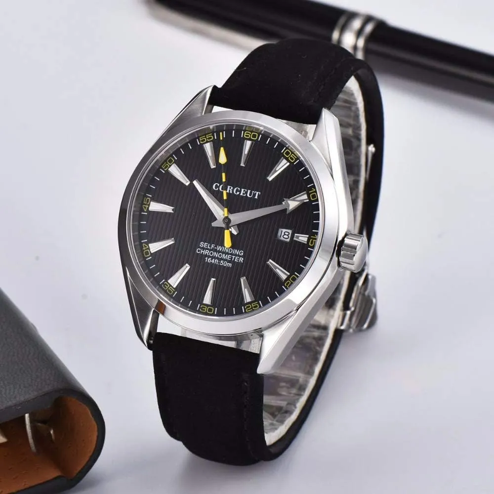 Corgeut Luminous Waterproof Leather Strap Automatic Mechanical Mens Watch,Miyota 8215 Movement