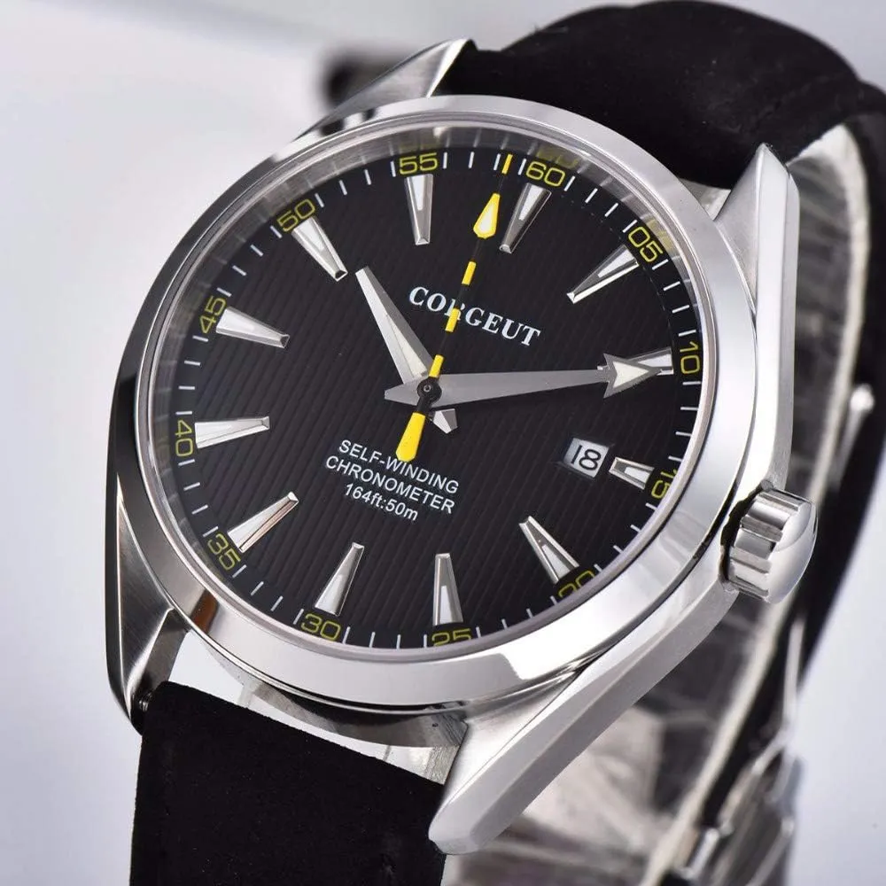 Corgeut Luminous Waterproof Leather Strap Automatic Mechanical Mens Watch,Miyota 8215 Movement