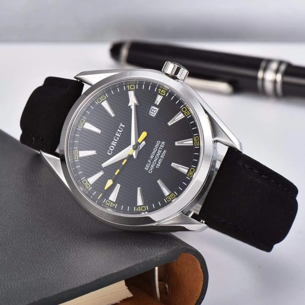 Corgeut Luminous Waterproof Leather Strap Automatic Mechanical Mens Watch,Miyota 8215 Movement