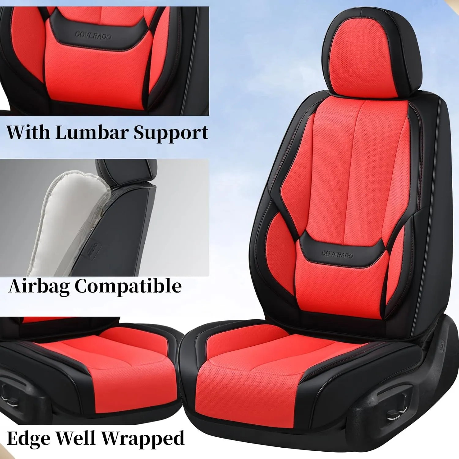 Coverado Seat Covers, Car Seat Covers Front Seats, Car Seat Cover, Car Seat Protector Waterproof, Car Seat Cushion Nappa Leather, BlackRed Seat Covers Carseat Cover Universal Fit for Most Cars