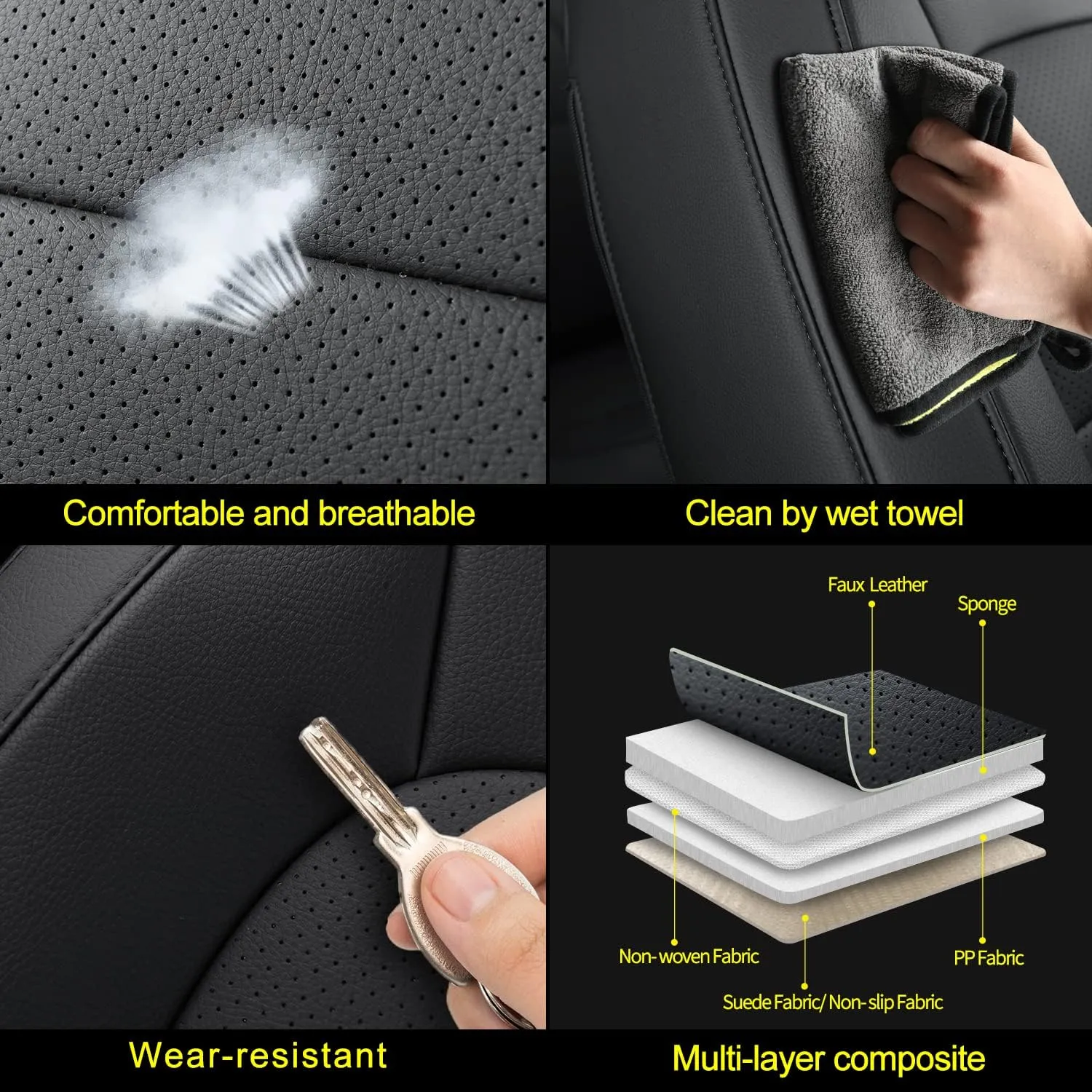 Covertopia K3 Canyon Seat Covers, fit for 2015-2022 GMC Canyon Crew Cab SLE Denali SLT AT4 Base Elevation with Water Proof Faux Leather(Full Set, Black)