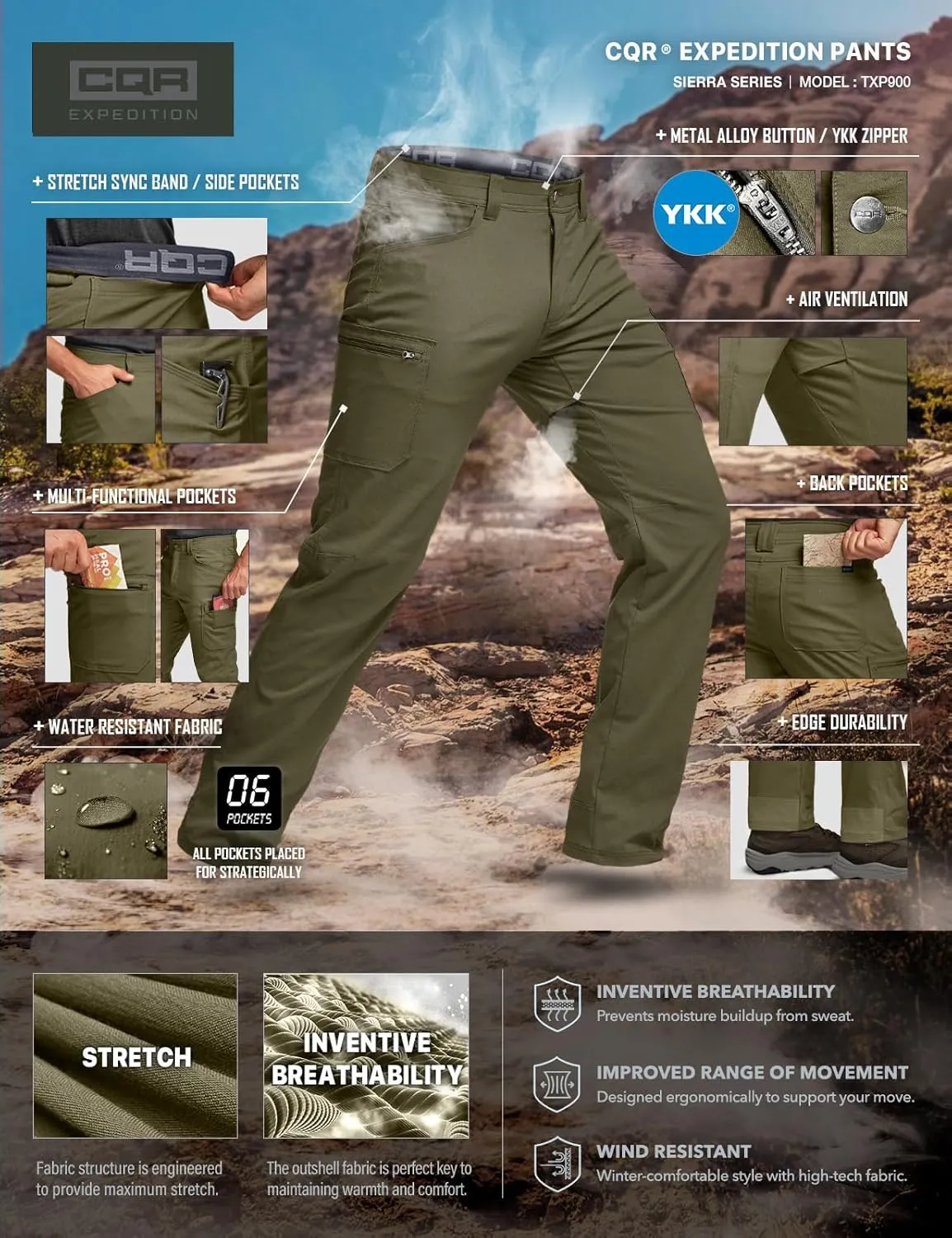 CQR Men's Cool Flex Tactical Pants, Water Resistant Lightweight Stretch Cargo Work Hiking Pants