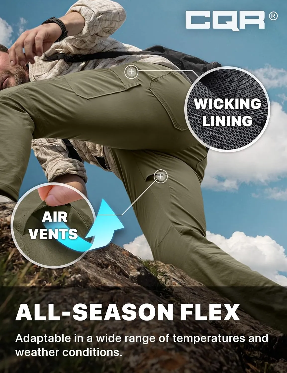 CQR Men's Cool Flex Tactical Pants, Water Resistant Lightweight Stretch Cargo Work Hiking Pants