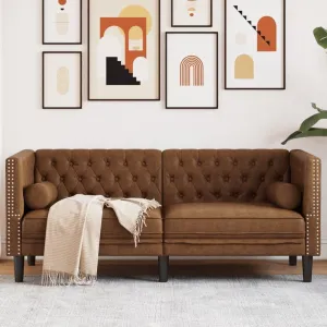 Create a Cozy Space with 2-Seater Chesterfield Sofa, Faux Suede Leather Upholstery with Bolsters, Brown