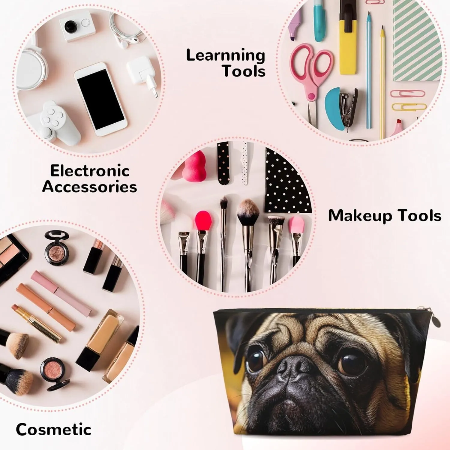 Cry Pug Cosmetic Bag Pu Leather Waterproof Makeup Bag Portable Travel Toiletry Bag Organizer Gold Zipper Pouch For Women Ladies Gift