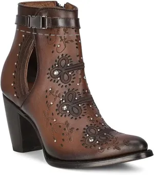 Cuadra Western Ankle Bootie, Brown Leather with Crystal Embellishments, 3.2-inch Cuban Heel